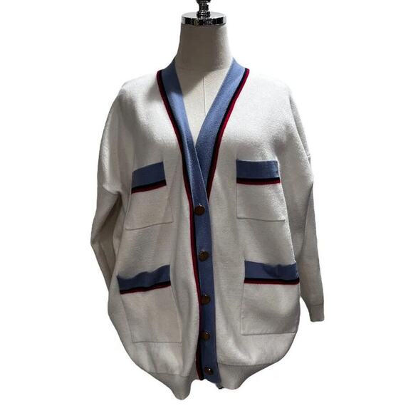 Sandro Paris Judith Contrast Button Heavy Oversized Off Write Cardigan Sz2/Med - Picture 2 of 15
